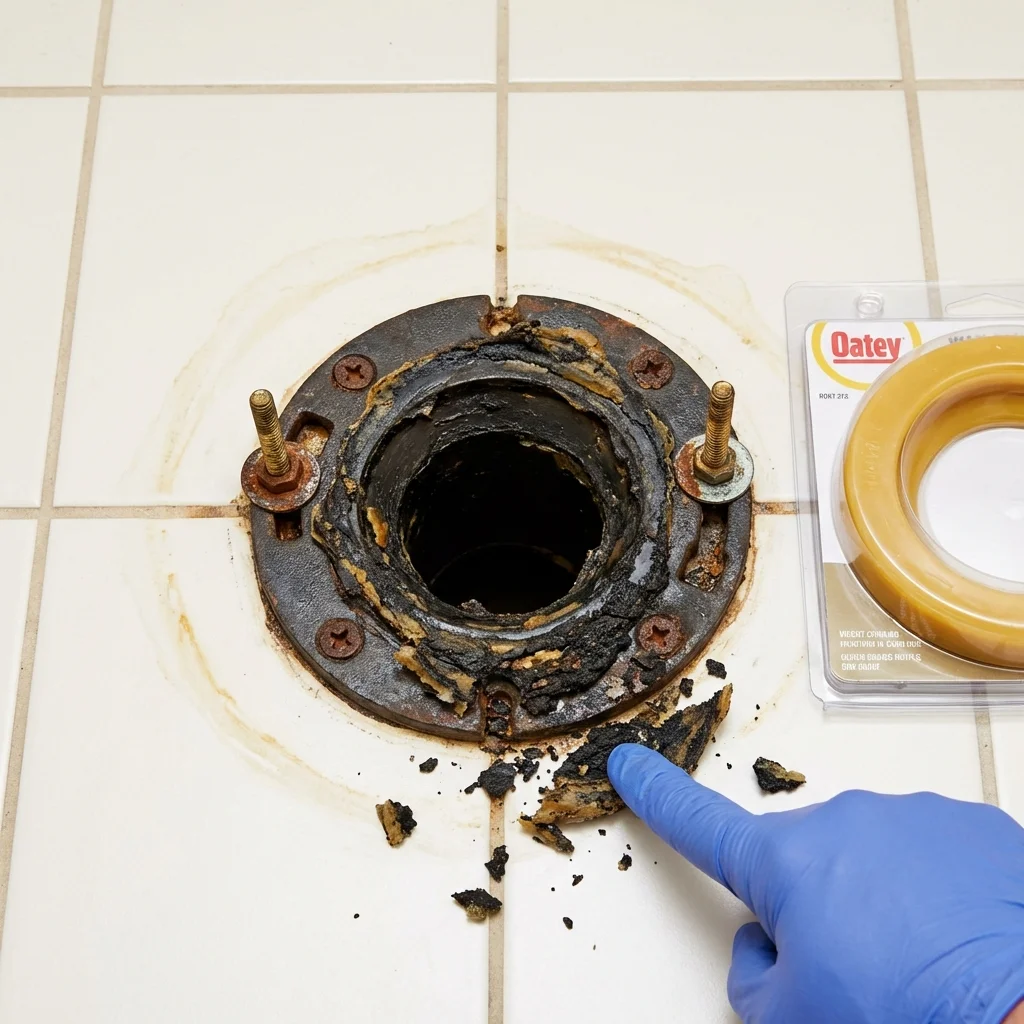 Failed wax ring showing water seepage at the base of a toilet in a Warren, OH home