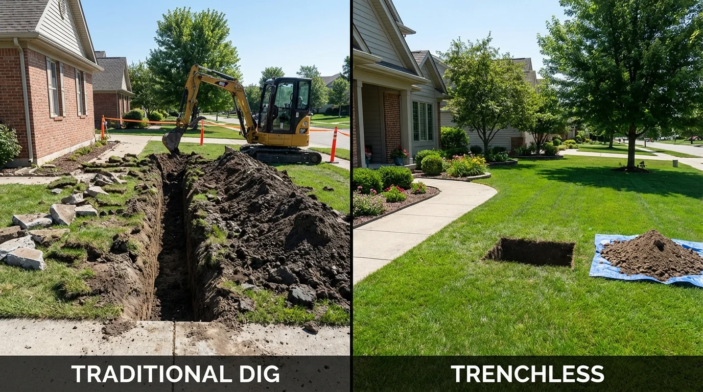 Trenchless sewer repair with minimal yard damage versus traditional excavation in Warren, OH